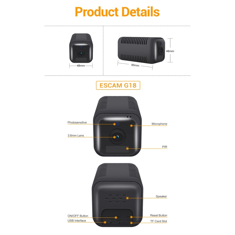 ESCAM G18 1080P Full HD Rechargeable Battery WiFi IP Camera, Support Night Vision / PIR Motion Detection / TF Card / Two Way Audio, G18 ESCAM G18 1080P Full HD Rechargeable Battery WiFi IP Camera, Support Night Vision / PIR Motion Detection / TF Card / Two Way Audio, G18